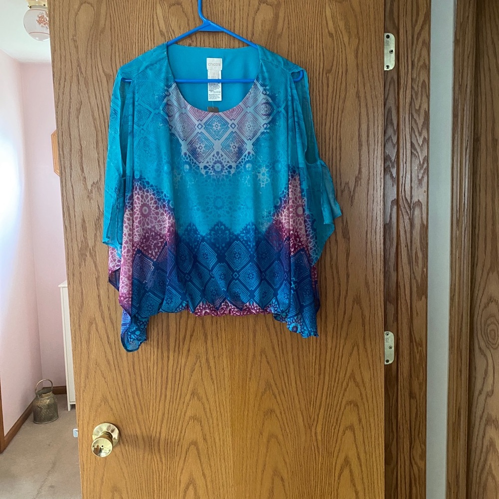 Chico's Turquoise and Blue Geometric Poncho Top